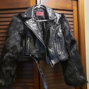COPY - Akira Azalea Wang GREEN or BLACK Nolla Faux Fur Arms Croc Moto Jacket